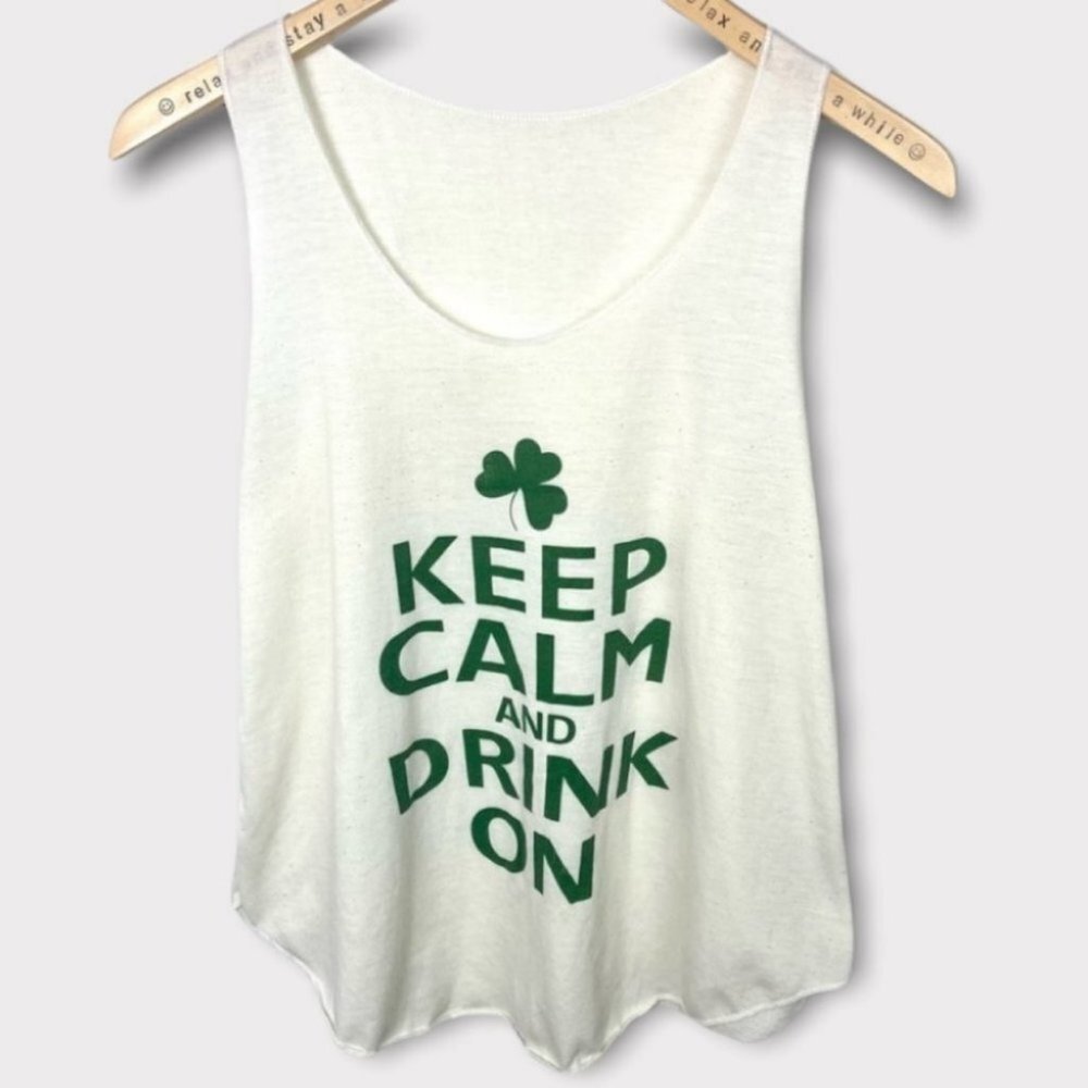 St. Patricks Day Tank Top Keep Calm Drink On Clover Paddys White Size Medium Tee